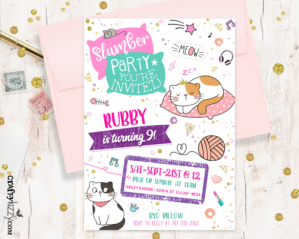 Slumber Party Birthday Invitations - Kitten Sleep Over Invitation – CraftyKizzy